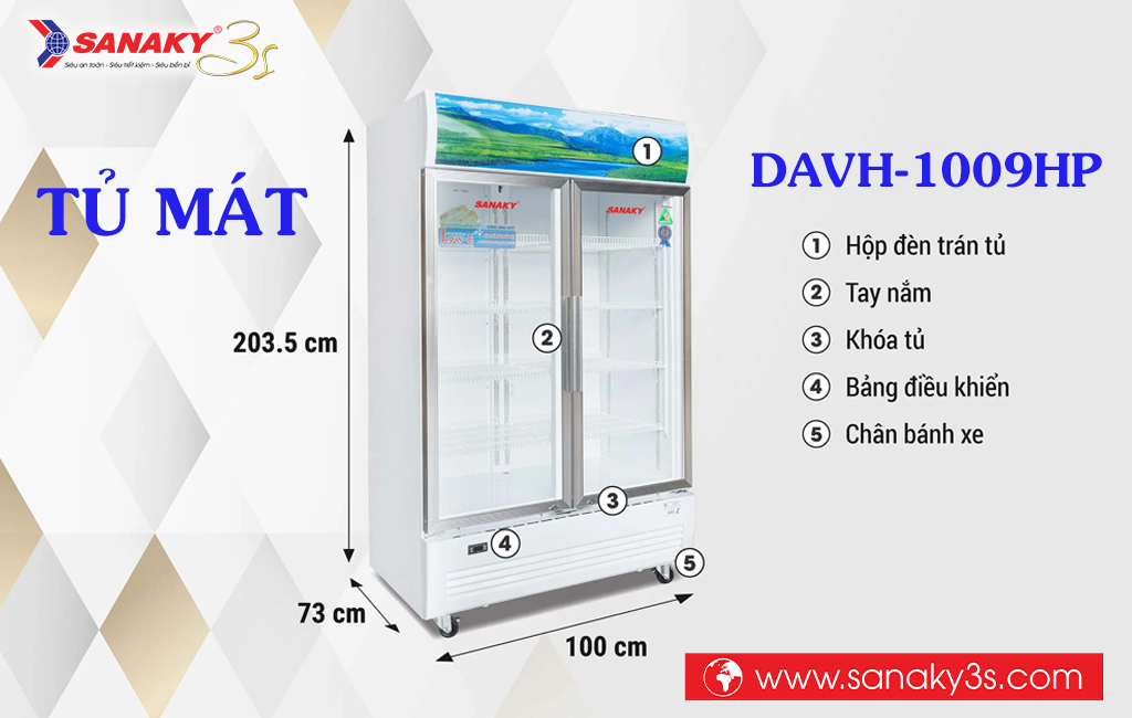 Kích thước tủ mát Sanaky DAVH-1009HP