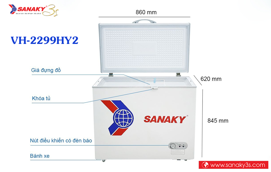Kích thước tủ đông Sanaky VH-2299HY2