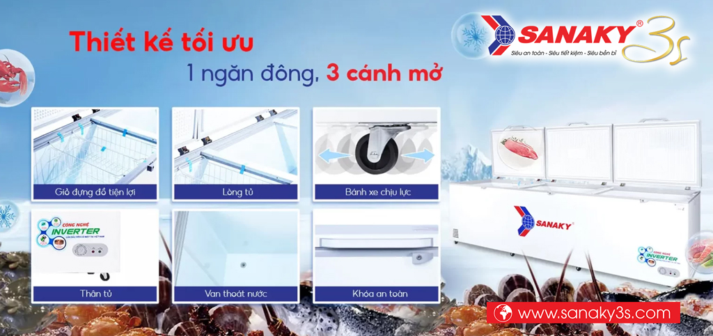 Tủ đông Sanaky Inverter VH-1399HY3 1 ngăn đông 3 cánh mở