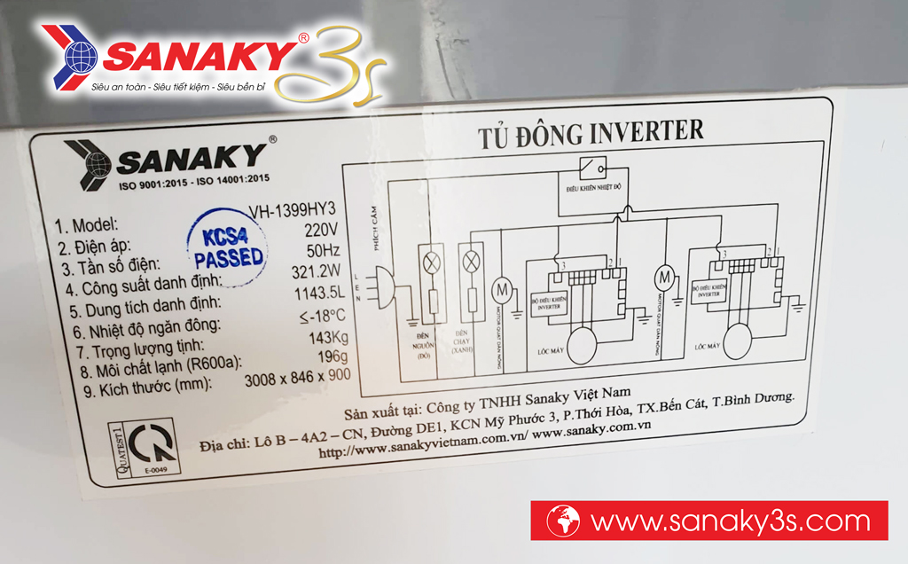 Tủ đông Sanaky Inverter VH-1399HY3 tem thông số