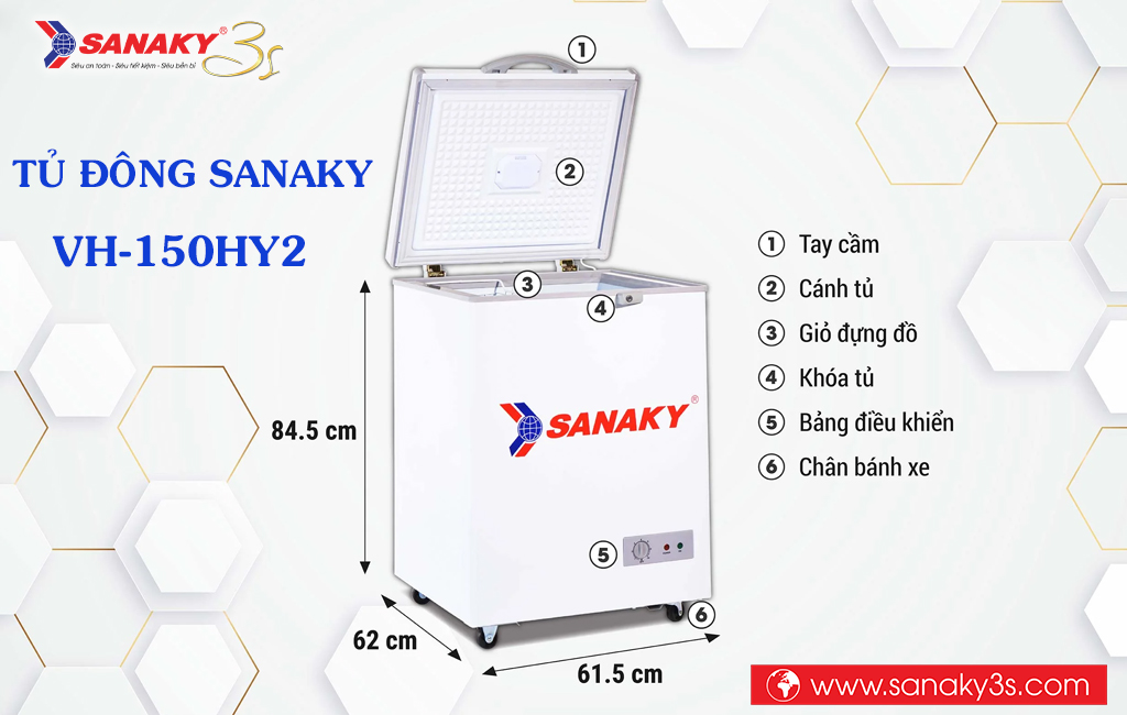 Kích thước tủ đông Sanaky VH-150HY2