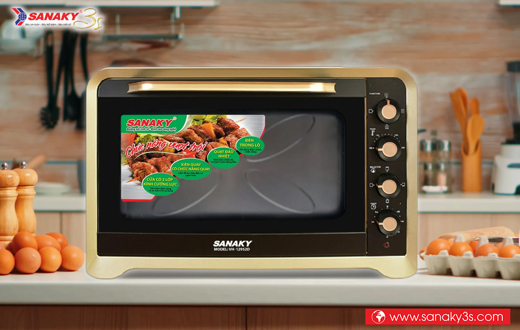 Lò nướng Sanaky VH-129N2D vỏ inox viền vàng
