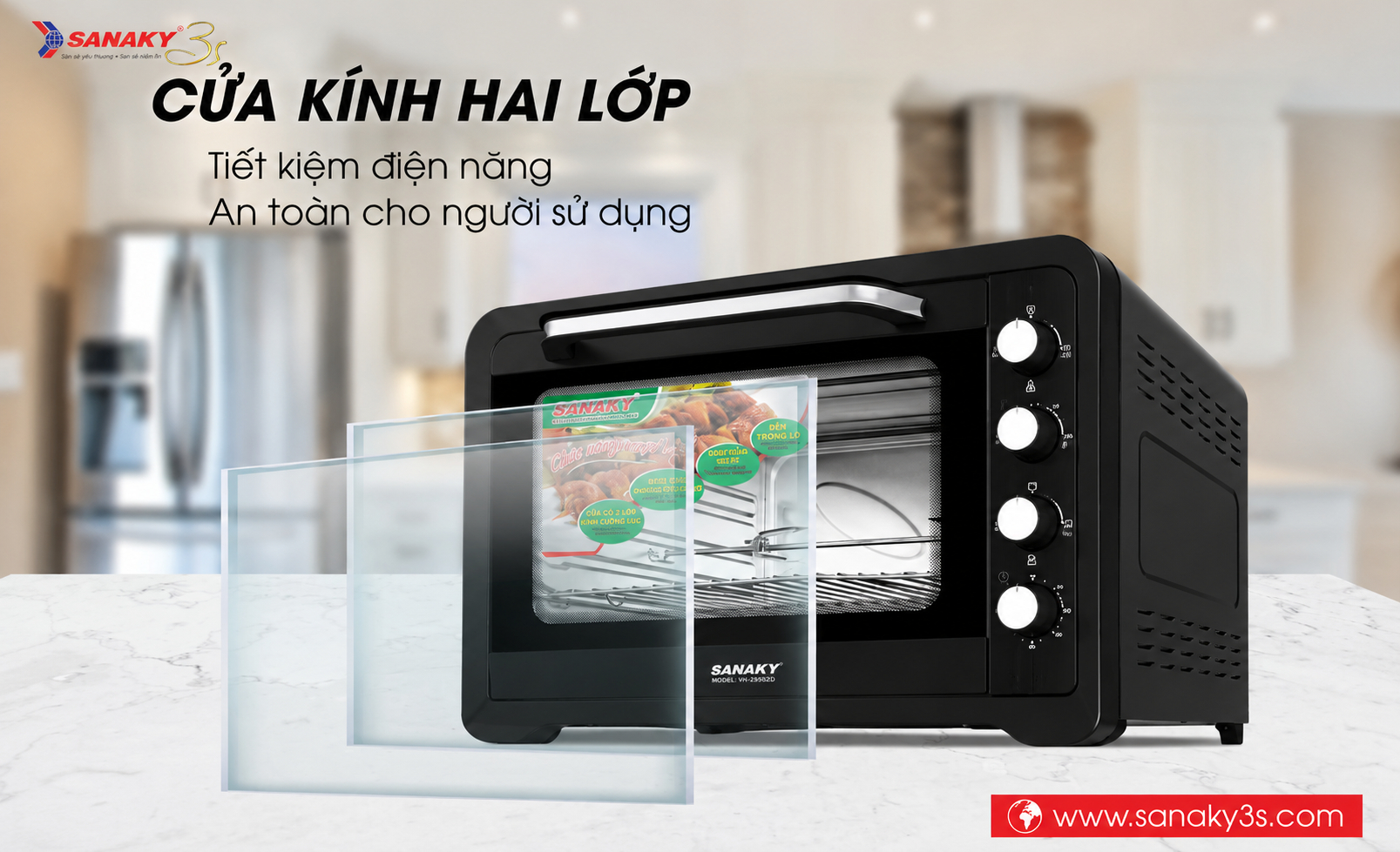 Lò nướng Sanaky VH-129S2D cửa kính 2 lớp