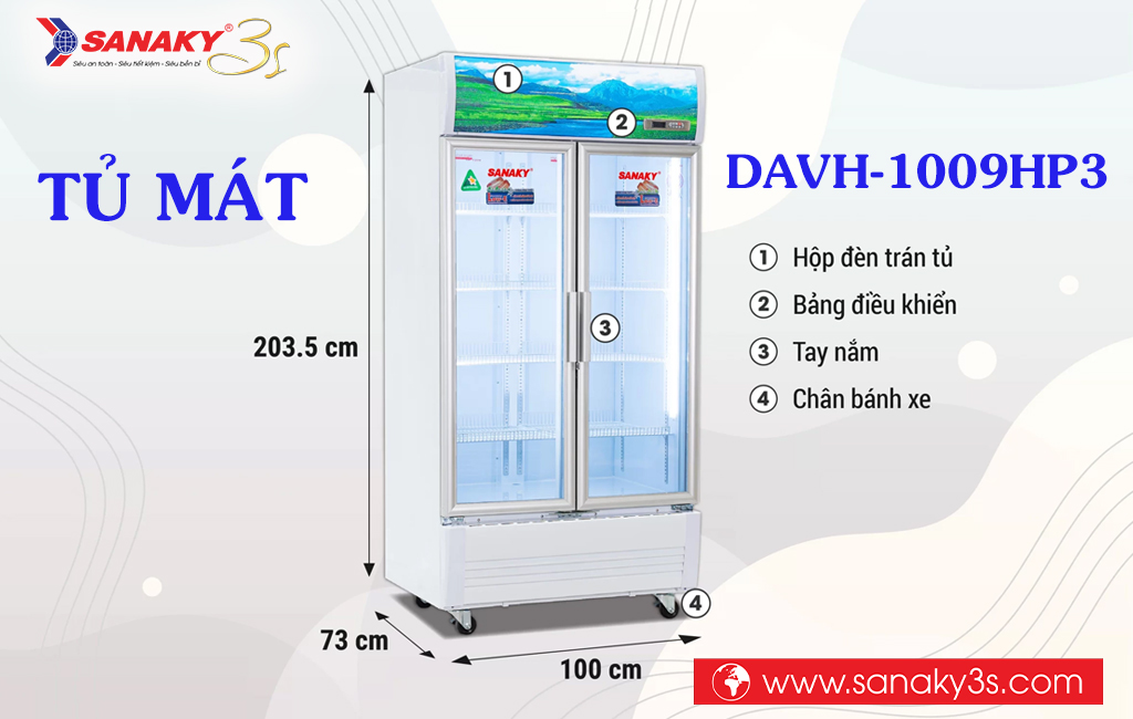 Kích thước tủ mát Sanaky DAVH-1009HP3