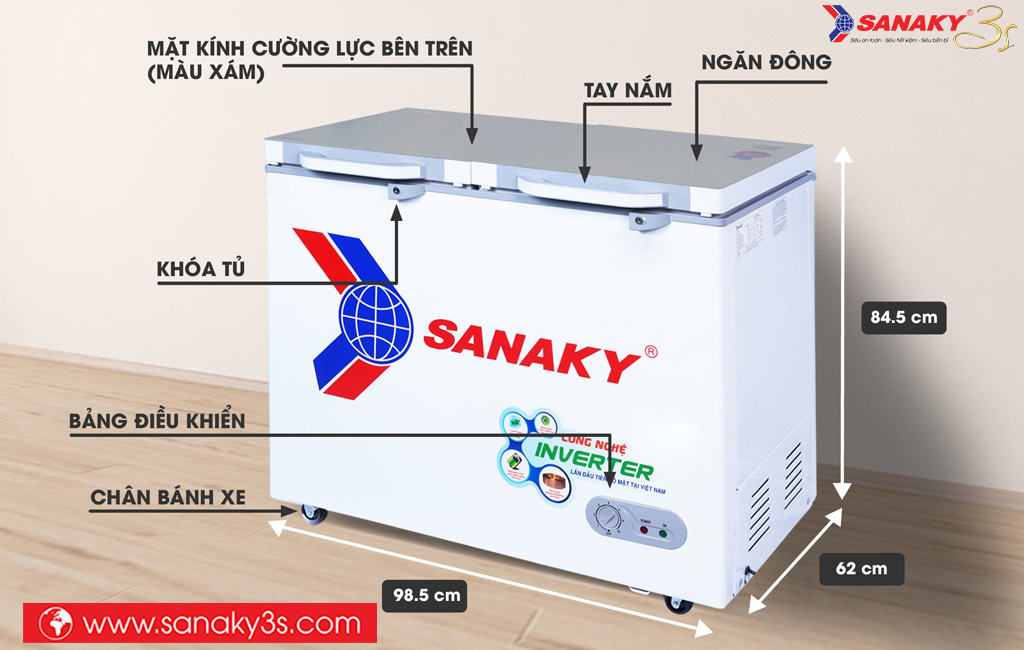Kích thước tủ đông Sanaky VH-2599A4K