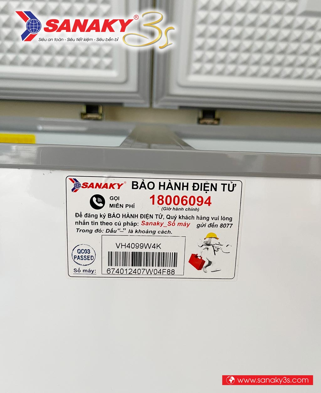 Tem bảo hành tủ đông Inverter Sanaky VH-4099W4K chính hãng 400L