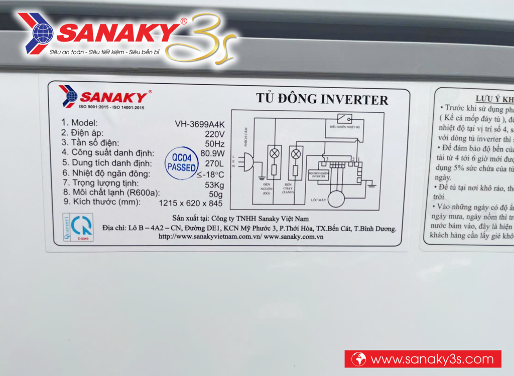 Tủ đông Inverter Sanaky VH-3699A4K 360 Lít thông số