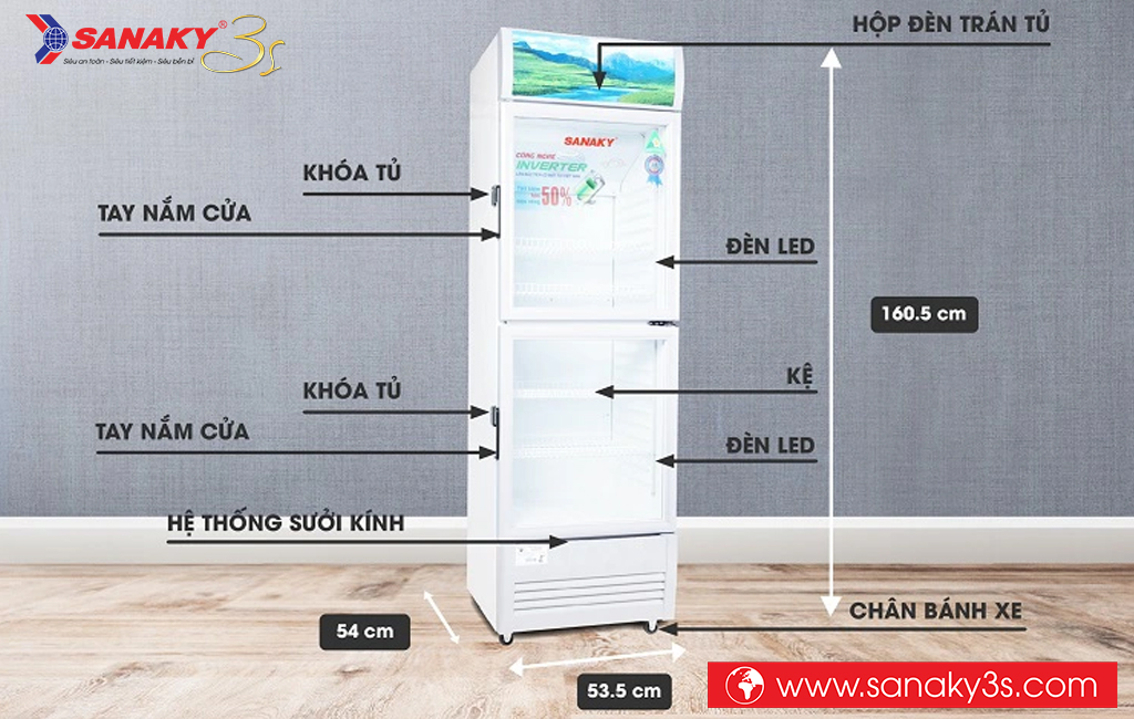Kích thước tủ mát Sanaky VH-218W3L