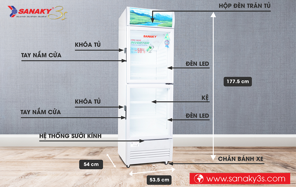 Kích thước tủ mát Sanaky VH-258WL