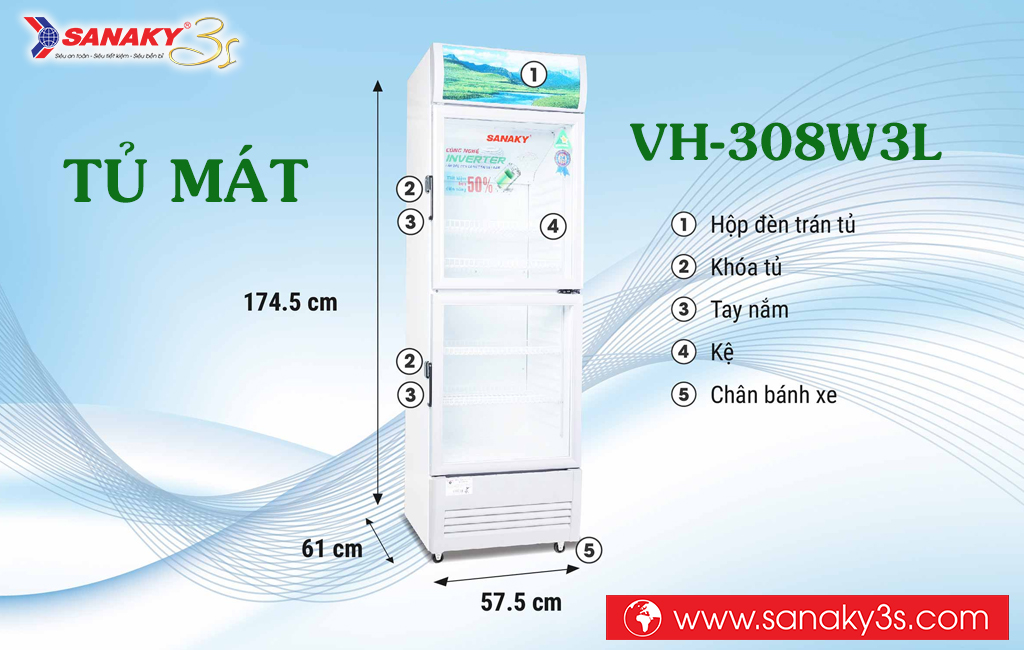 Kích thước tủ mát Sanaky VH-308W3L