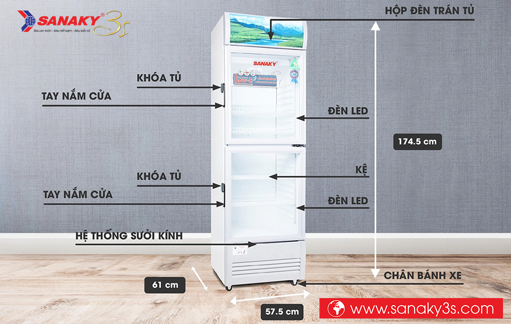 Kích thước tủ mát Sanaky VH-308WL