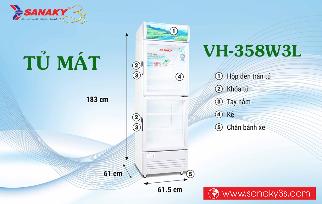 Kích thước tủ mát Sanaky VH-358W3L