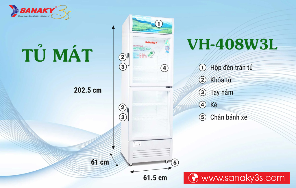 Kích thước tủ mát Sanaky VH-408W3L