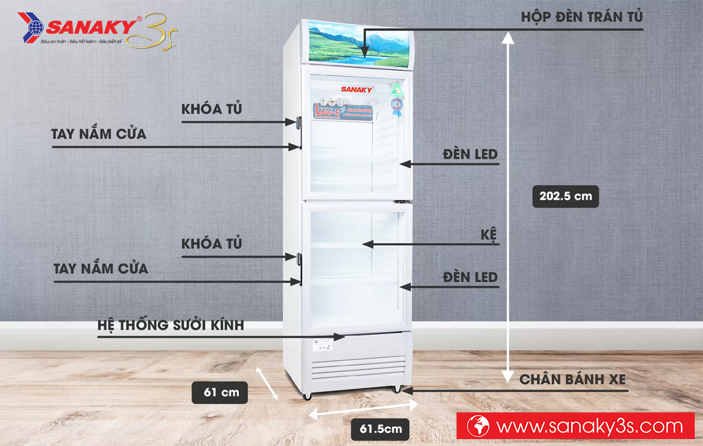 Kích thước tủ mát Sanaky VH-408WL