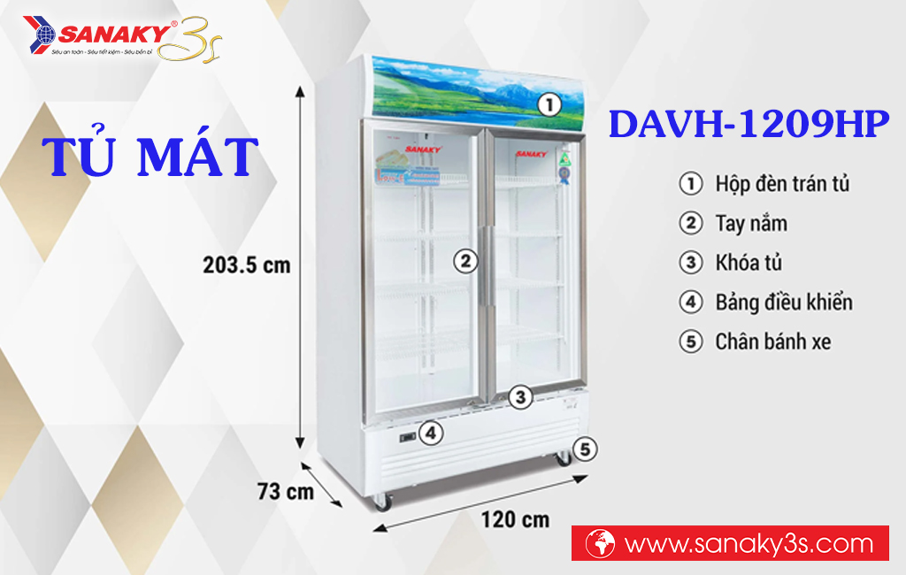 Kích thước tủ mát Sanaky DAVH-1209HP