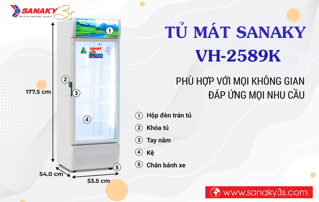 Kích thước tủ mát Sanaky VH-2589K