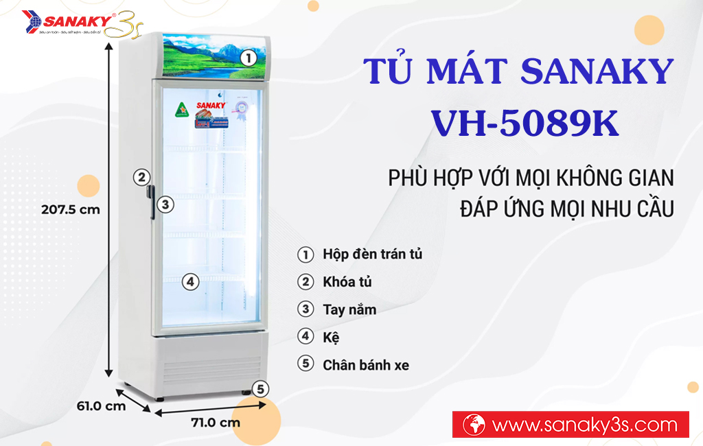 Kích thước tủ mát Sanaky VH-5089K