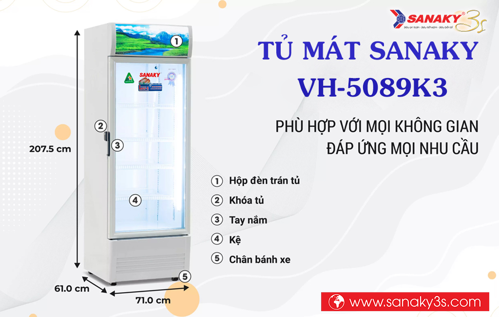 Kích thước tủ mát Sanaky inverter VH-5089K3
