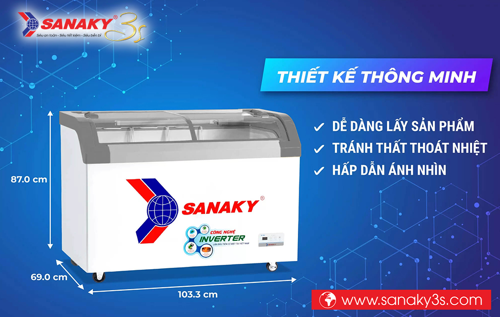Kích thước Tủ đông inverter Sanaky VH-3899K3B