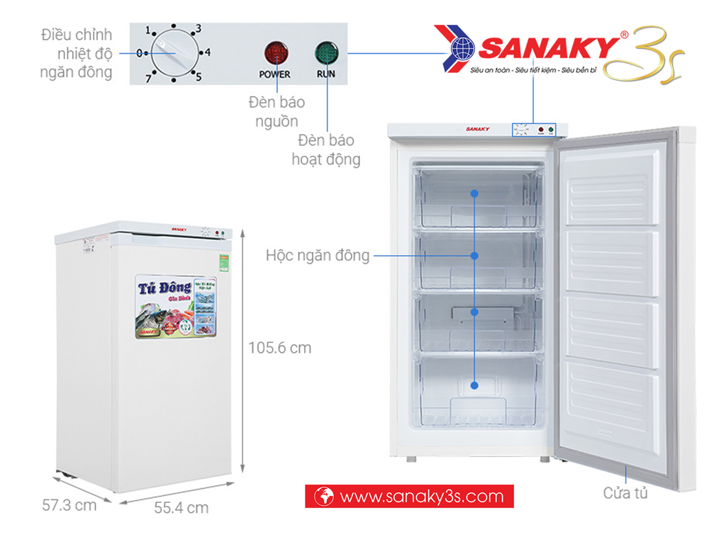 Tủ đông đứng Sanaky VH-160VD thông số kỹ thuật