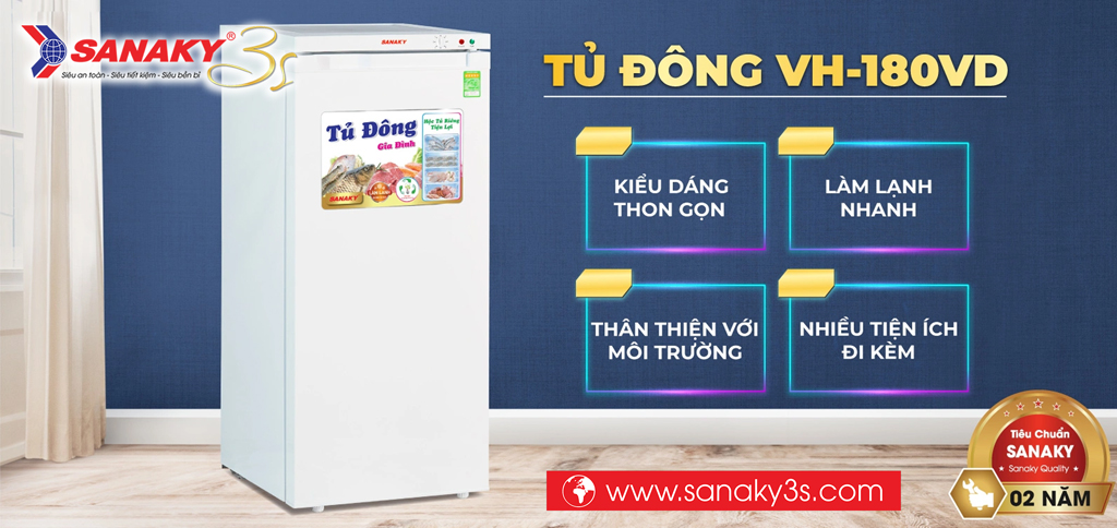 Tủ đông đứng Sanaky VH-180VD thon gọn, tinh tế