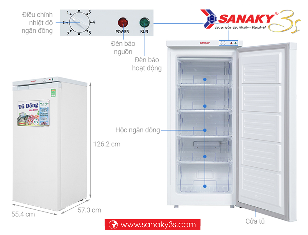 Tủ đông đứng Sanaky VH-180VD thông số kỹ thuật