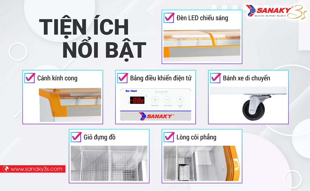 Tủ đông Inverter Sanaky VH-3899K3B màu vàng tiết tiện ích