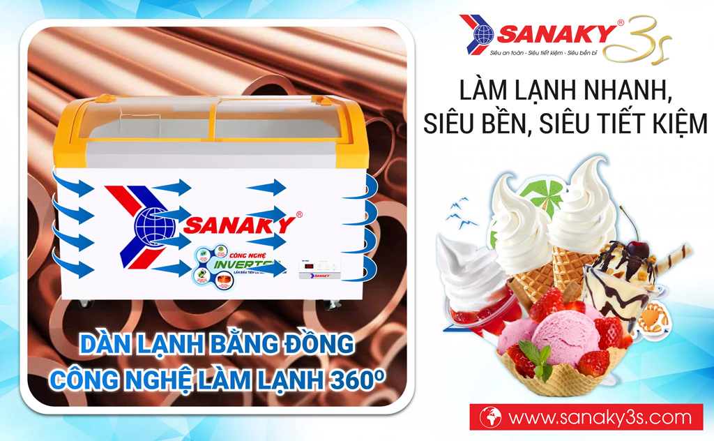 Tủ đông Sanaky Inverter VH-4899K3B màu vàng dàn lạnh đồngDàn lạnh bằng đồng nguyên chất giúp cho tủ đông dẫn nhiệt nhanh hơn, vận hành êm ái và tiết kiệm điện.