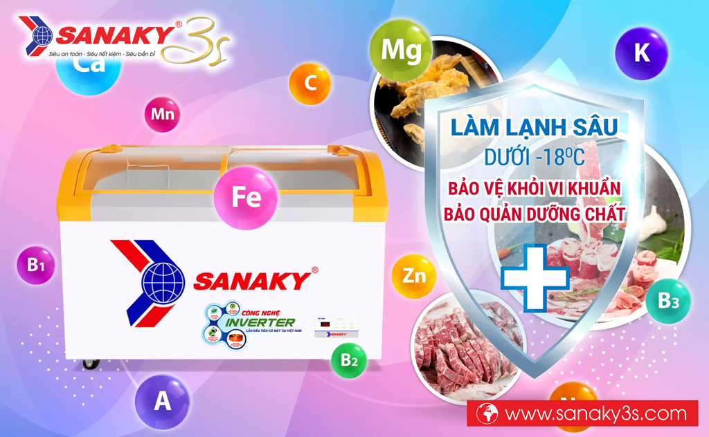 Tủ đông Sanaky Inverter VH-4899K3B màu vàng làm lạnh nhanh
