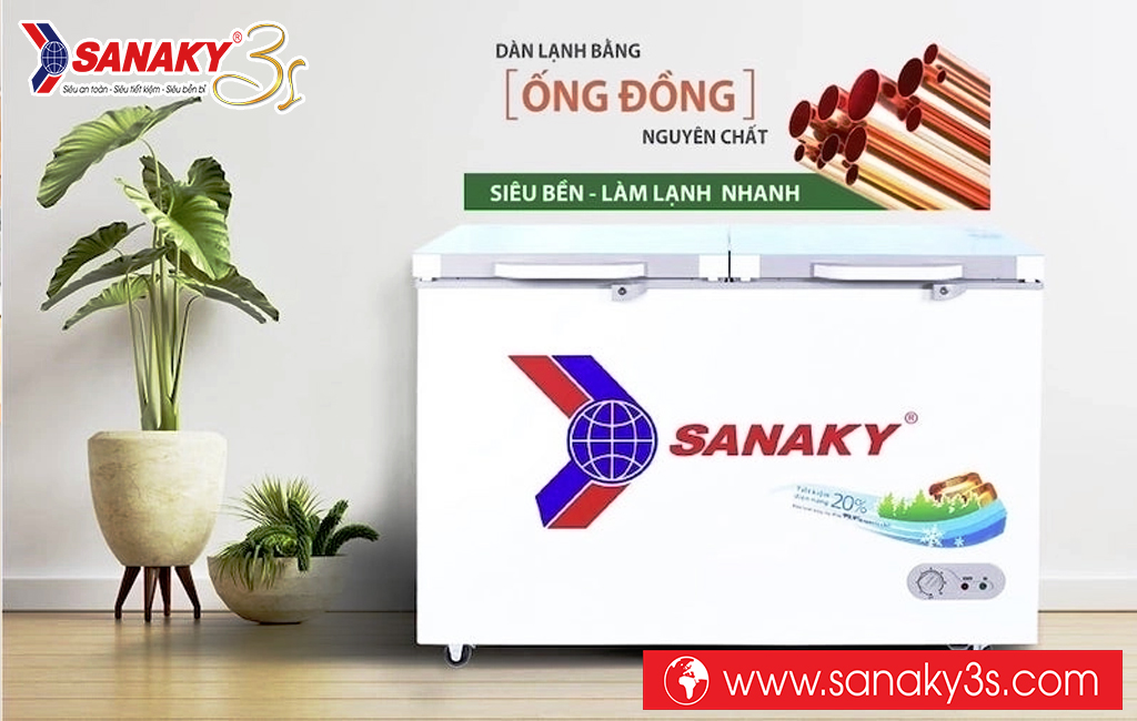 Tủ đông cánh kính cường lực Sanaky dàn đồng