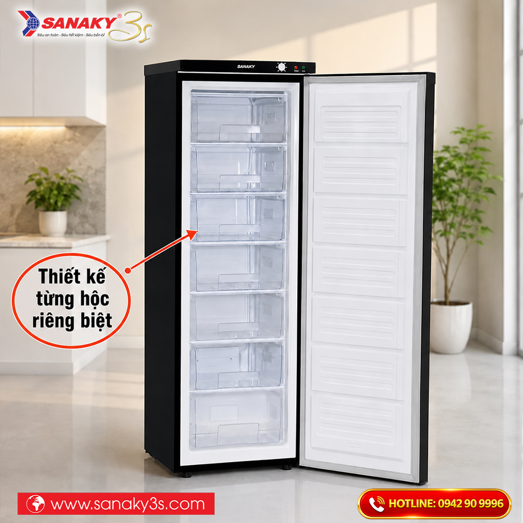 Tủ đông đứng thiết kế từng hộc đựng riêng biệt