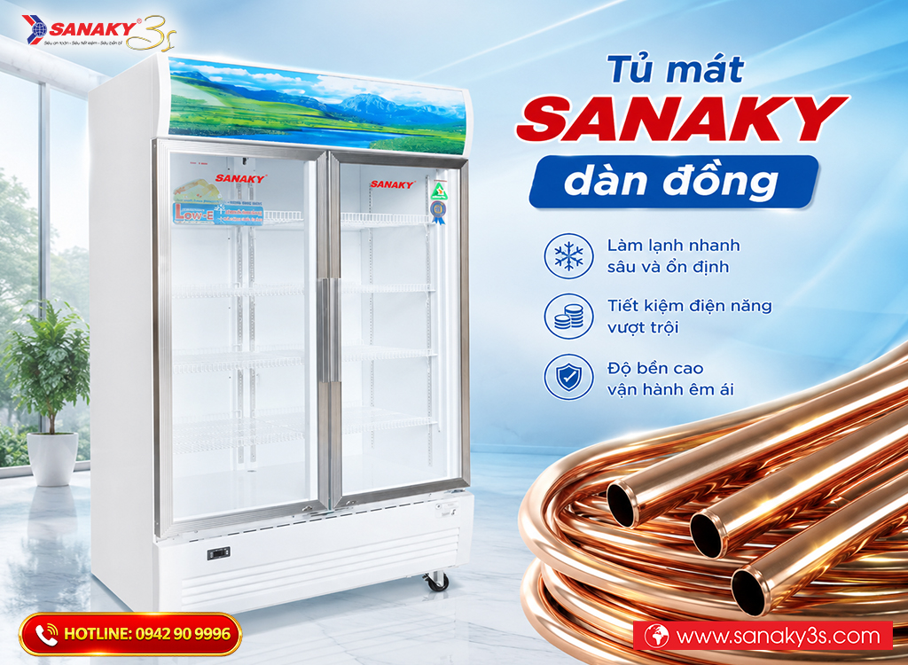 Tủ mát 2 cánh Sanaky dàn lạnh ống đồng